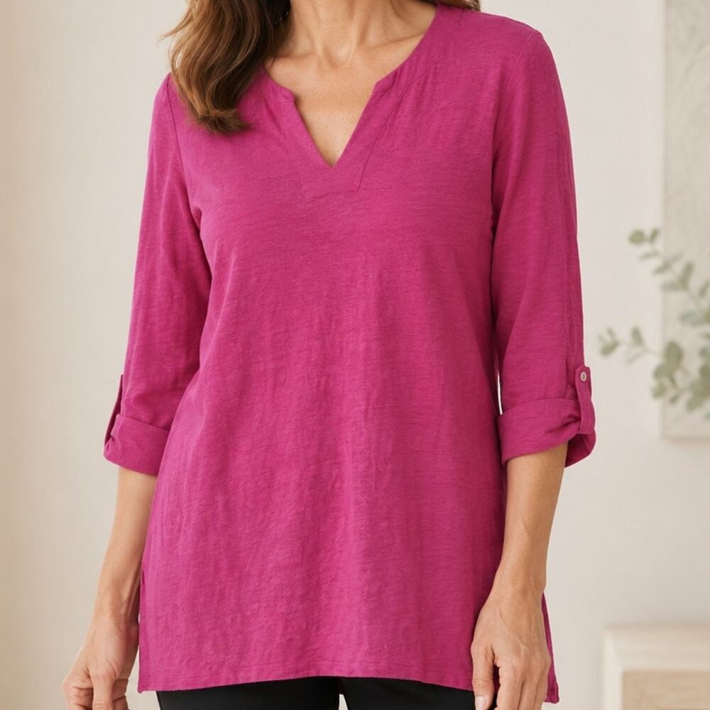 Chicos 1 Linen Knit Tunic Top Medium Pink Split Neck 3/4 Sleeve Coastal